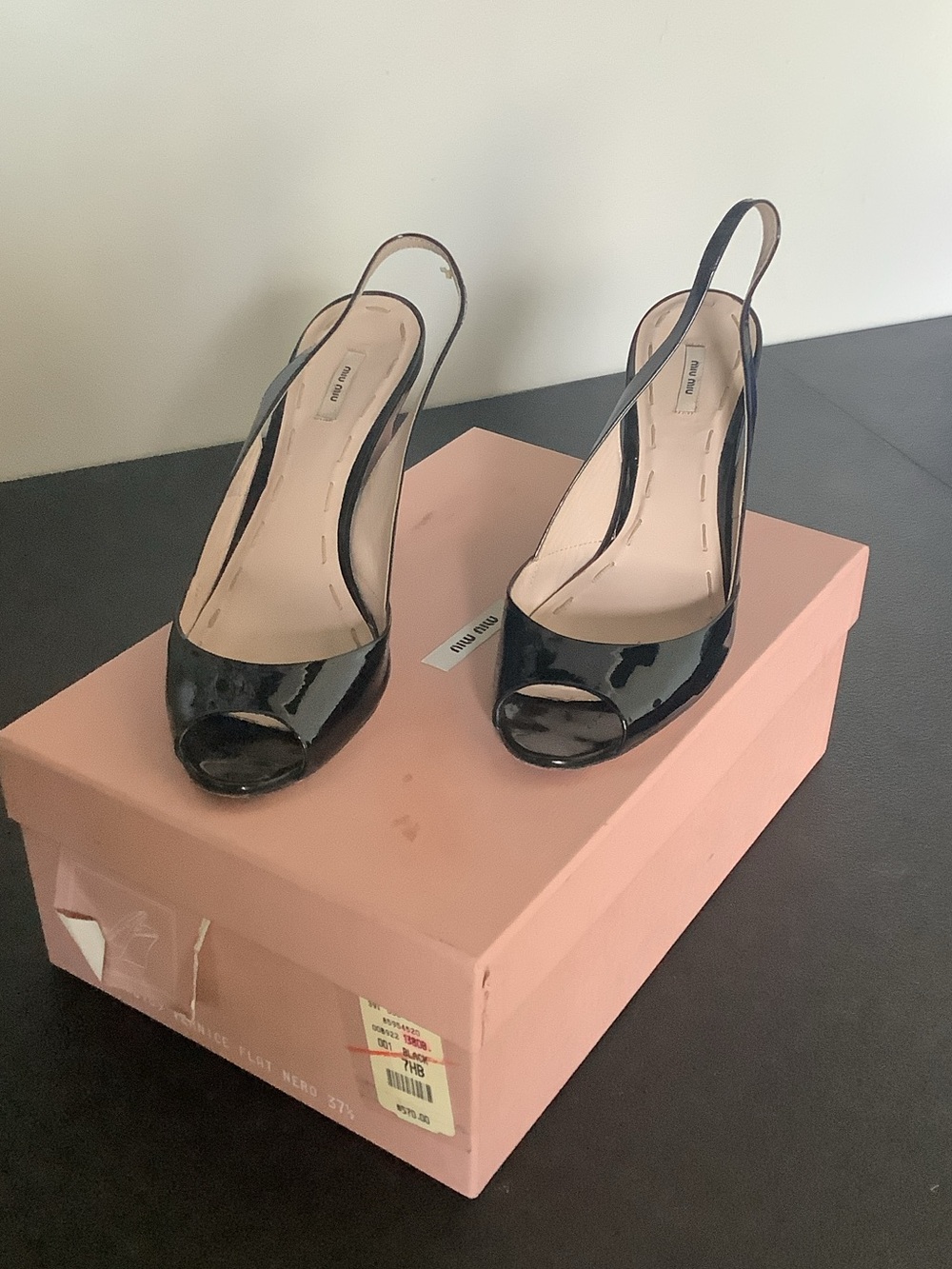 Miu Miu Black Patent Leather Peep-Toe Slingback Heels